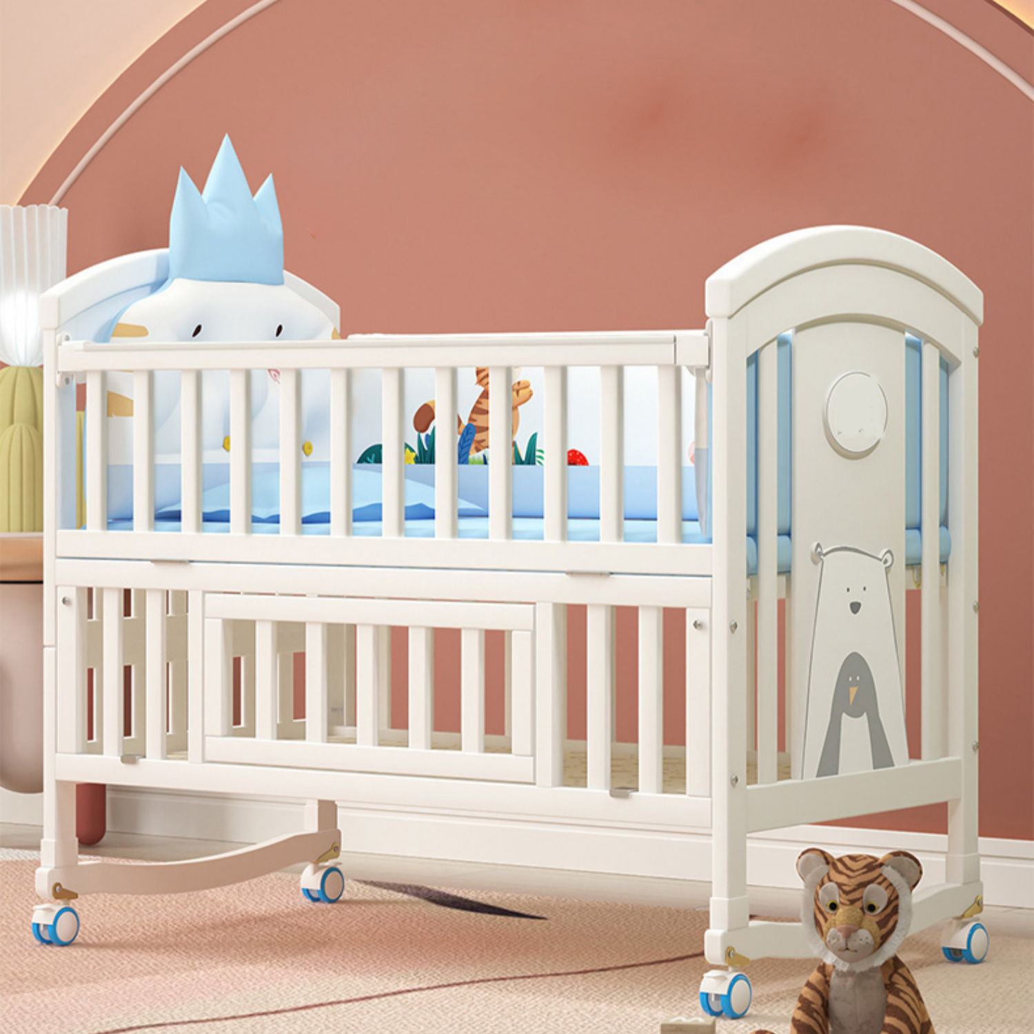 Modern Baby Crib with Guardrail and Casters Wood White Nursery Bed