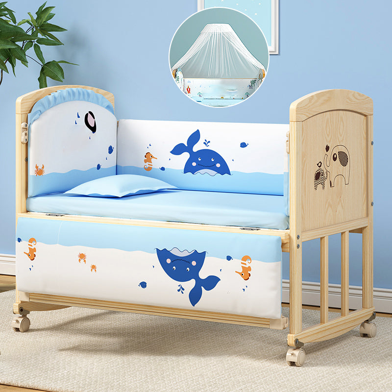 Wooden Modern Nursery Bed Animal Print Baby Crib with Wheels