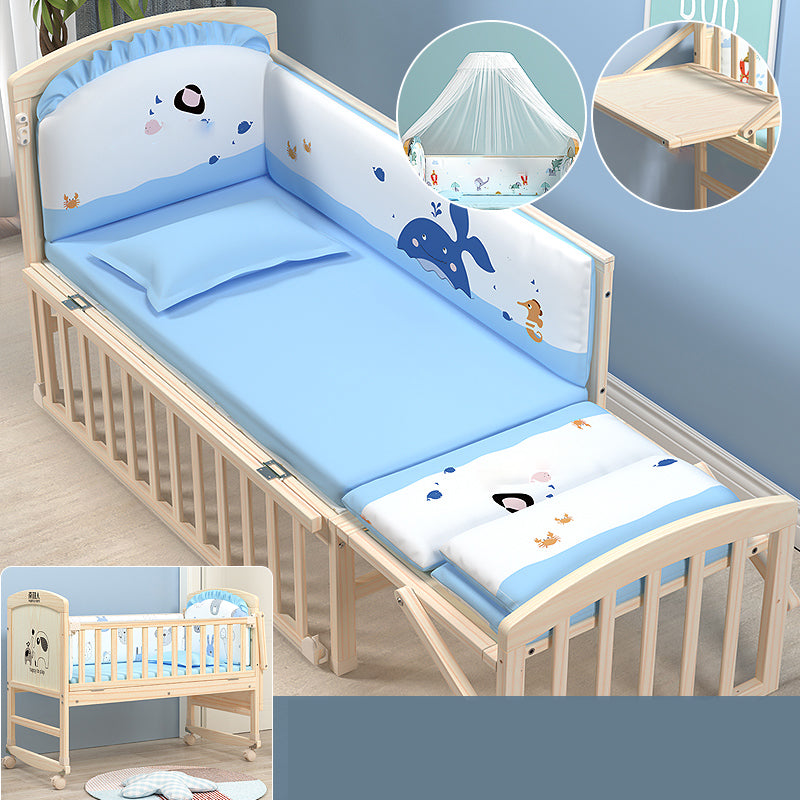 Wooden Modern Nursery Bed Animal Print Baby Crib with Wheels