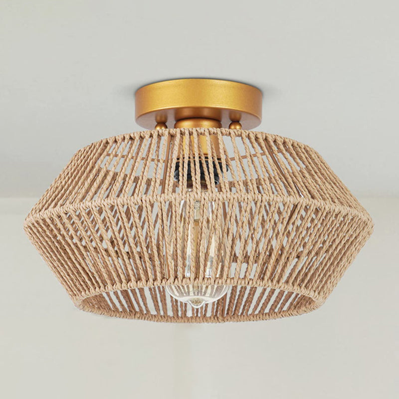 Single Light Ceiling Flush Metal and Rattan Flush Mount in Gold