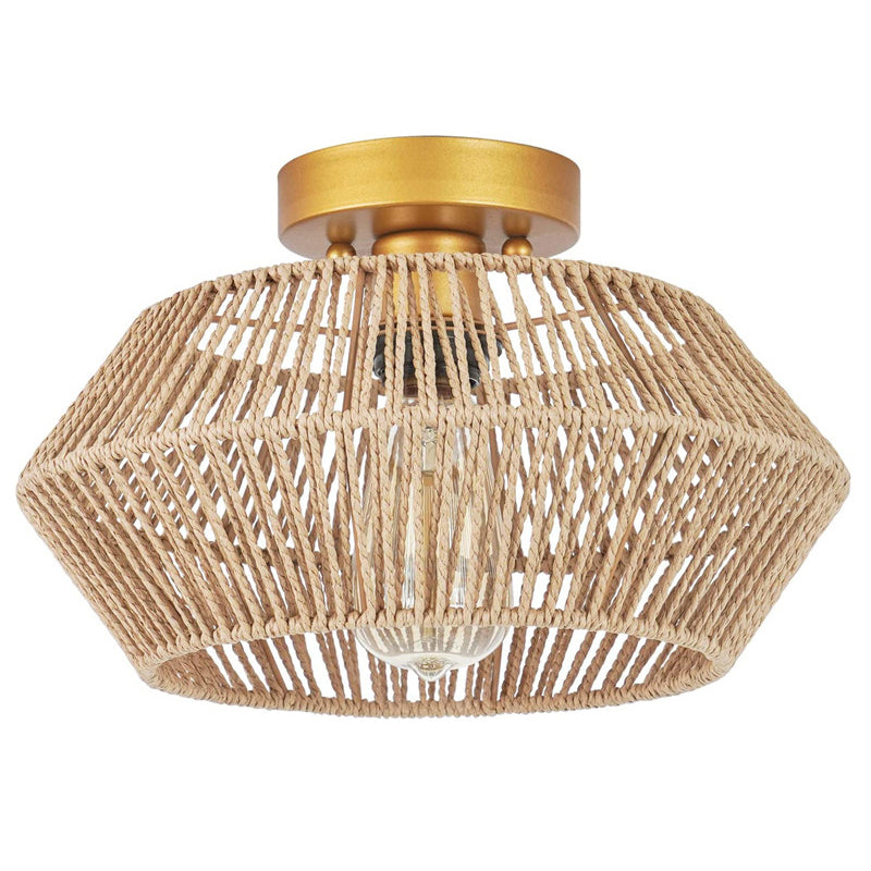 Single Light Ceiling Flush Metal and Rattan Flush Mount in Gold