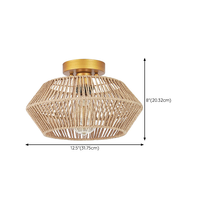 Single Light Ceiling Flush Metal and Rattan Flush Mount in Gold