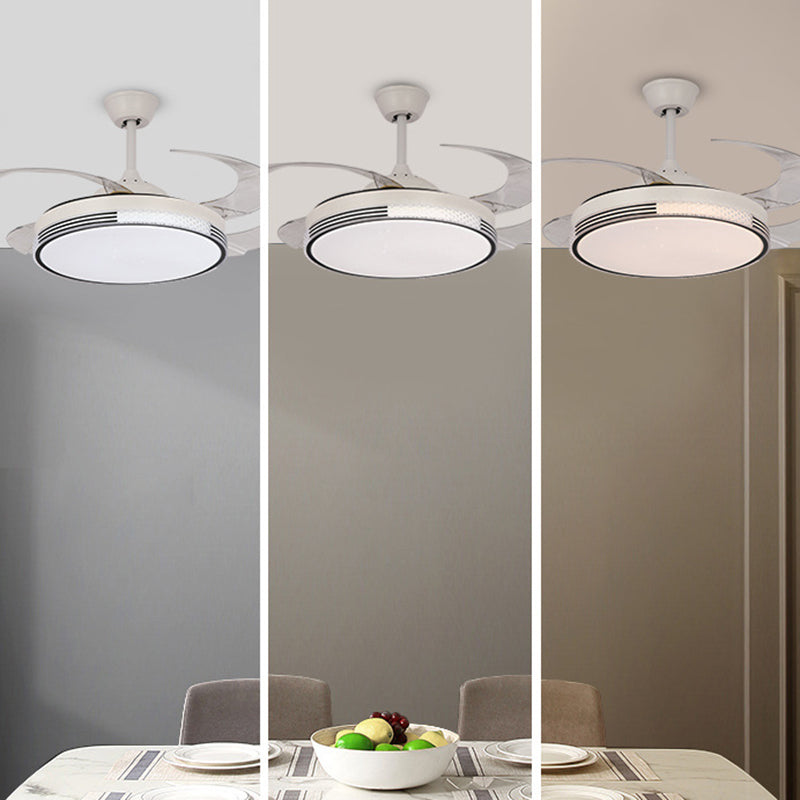 Retractable LED Ceiling Fan Modernism Drum Fan Light in White Finish