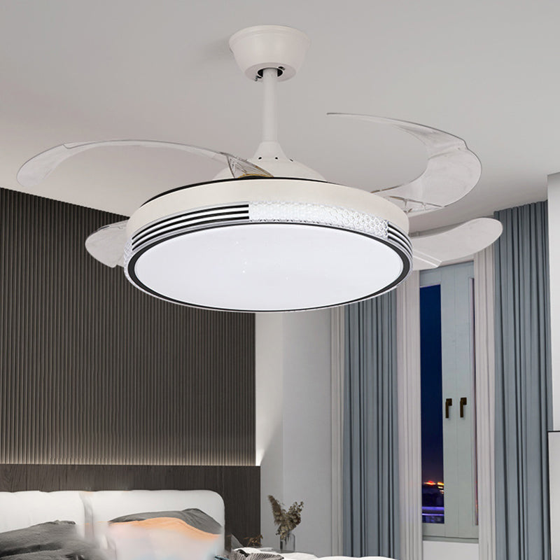 Retractable LED Ceiling Fan Modernism Drum Fan Light in White Finish