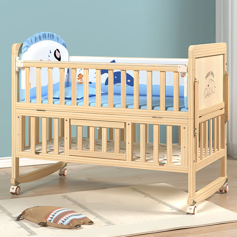 Farmhouse Nursery Bed Wooden Casters Arched Crib with Storage