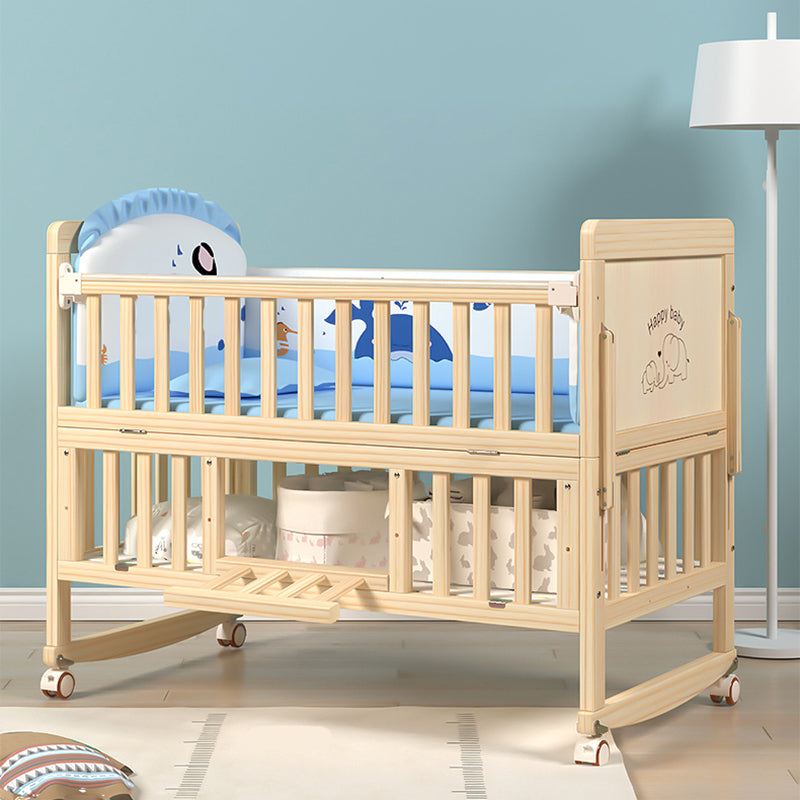 Farmhouse Nursery Bed Wooden Casters Arched Crib with Storage