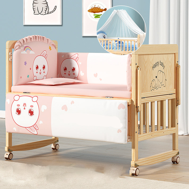 Farmhouse Nursery Bed Wooden Casters Arched Crib with Storage