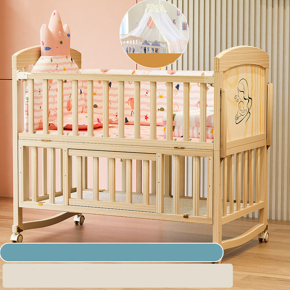 Wooden Modern Nursery Bed Wheels Arched Baby Crib with Storage