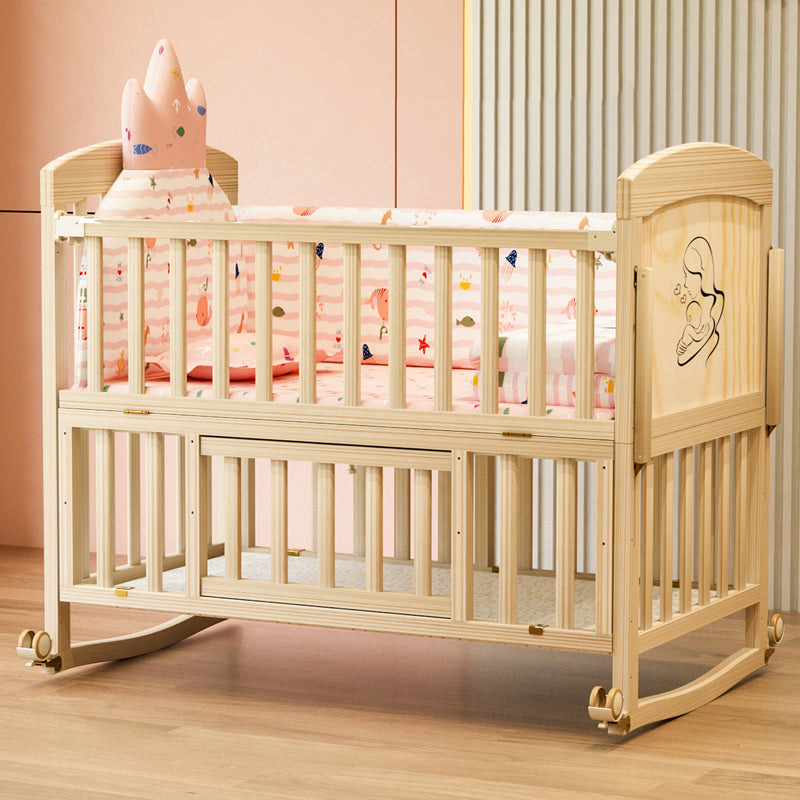 Wooden Modern Nursery Bed Wheels Arched Baby Crib with Storage