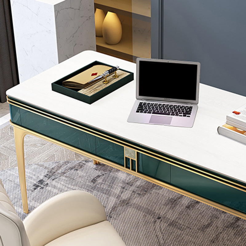 Contemporary Wood Office Desk Rectangular Shape Task Desk with 4 Legs in Green and Gold