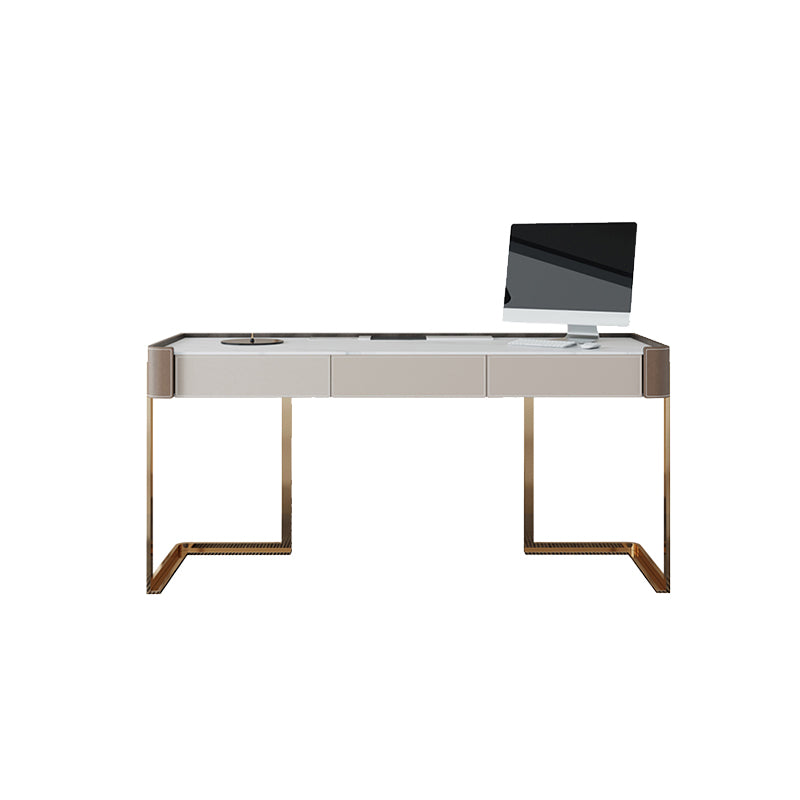 Rectangle Stone Top Office Desk Glam Style Writing Desk with Metal Base for Office