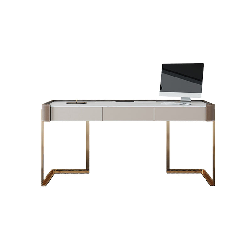 Rectangle Stone Top Office Desk Glam Style Writing Desk with Metal Base for Office