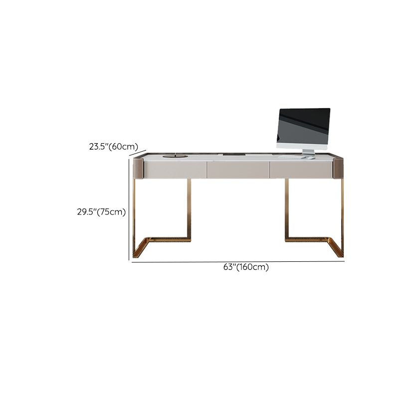 Rectangle Stone Top Office Desk Glam Style Writing Desk with Metal Base for Office