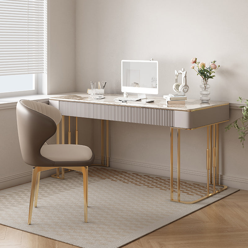 Rectangle Stone Top Office Desk Metal Base Glam Style Writing Desk for Office