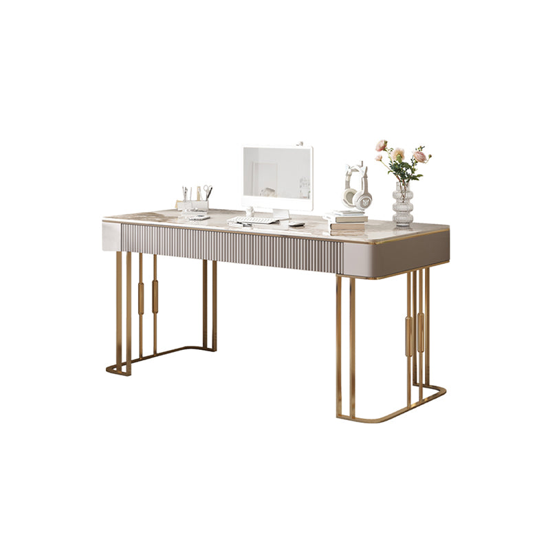 Rectangle Stone Top Office Desk Metal Base Glam Style Writing Desk for Office