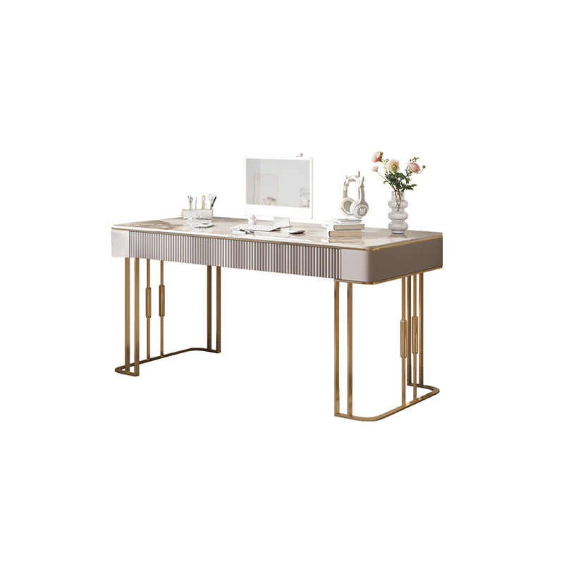 Rectangle Stone Top Office Desk Metal Base Glam Style Writing Desk for Office