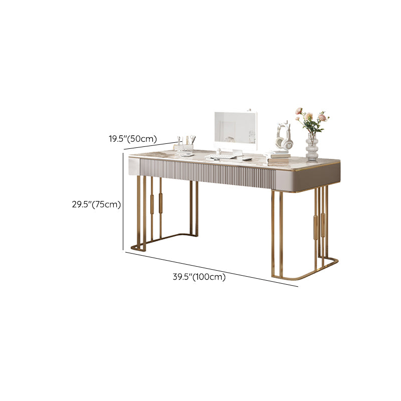 Rectangle Stone Top Office Desk Metal Base Glam Style Writing Desk for Office