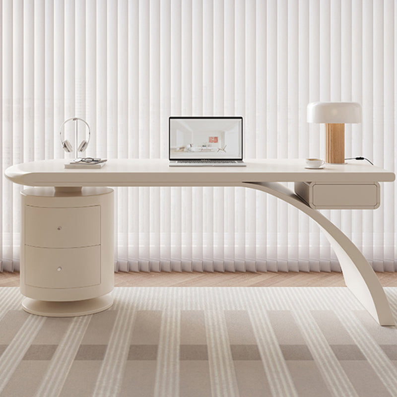 Irregular Shape Contemporary Office Desk Wooden Task Desk with 2 Drawers in White