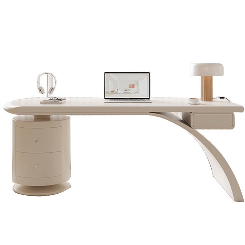 Irregular Shape Contemporary Office Desk Wooden Task Desk with 2 Drawers in White