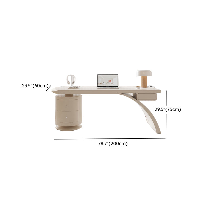 Irregular Shape Contemporary Office Desk Wooden Task Desk with 2 Drawers in White