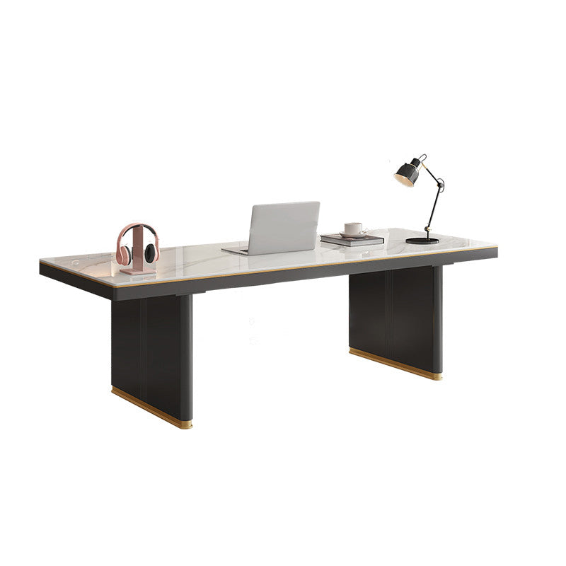 Rectangular Shape Contemporary Office Desk Stone Task Desk with 2 Legs in White and Black