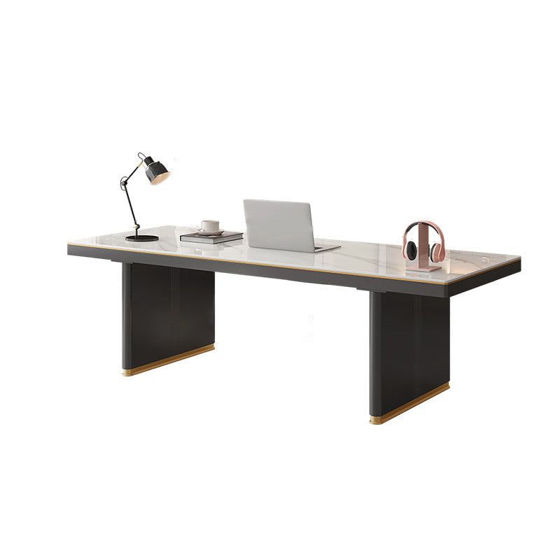 Rectangular Shape Contemporary Office Desk Stone Task Desk with 2 Legs in White and Black