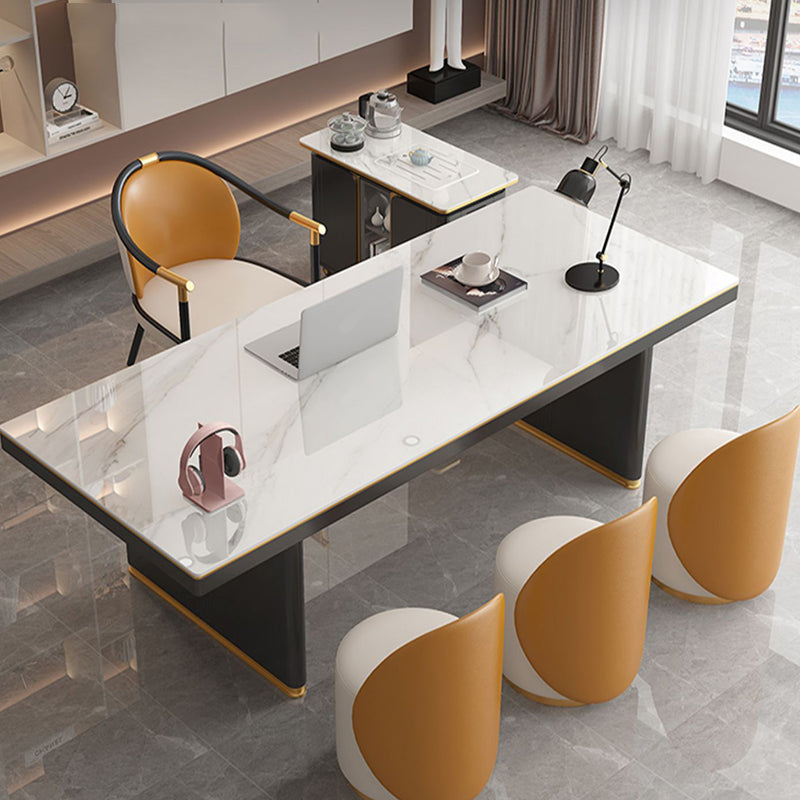 Rectangular Shape Contemporary Office Desk Stone Task Desk with 2 Legs in White and Black