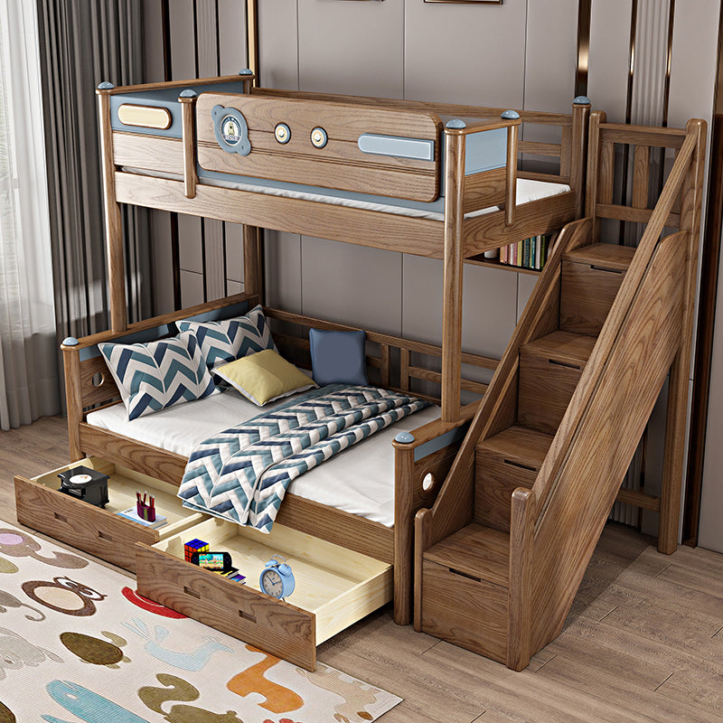 Brown Ash Standard Bunk Bed Solid Wood Scandinavian Bed with  Guardrail