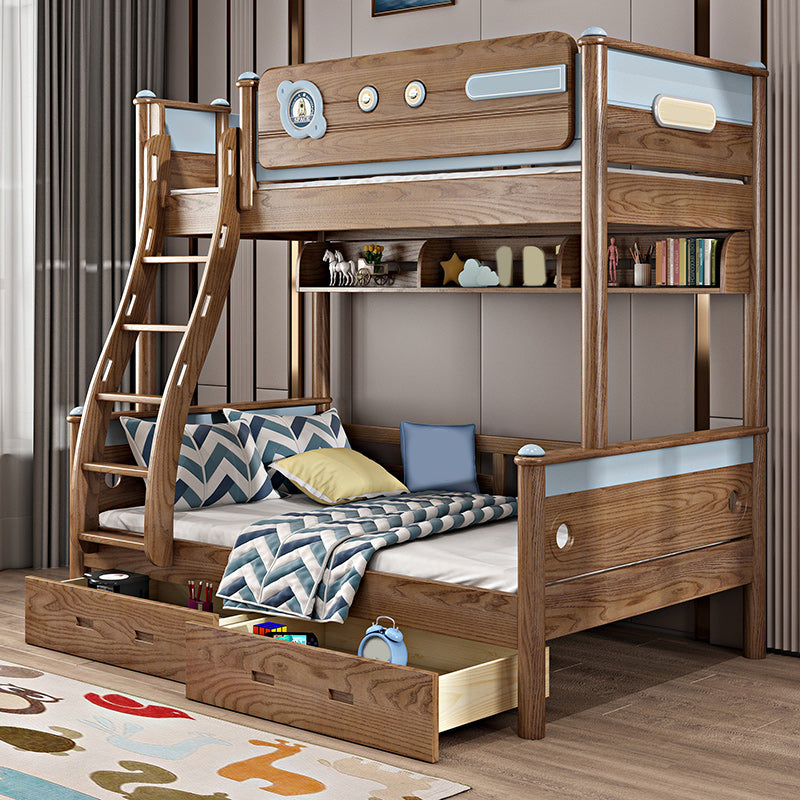 Brown Ash Standard Bunk Bed Solid Wood Scandinavian Bed with  Guardrail