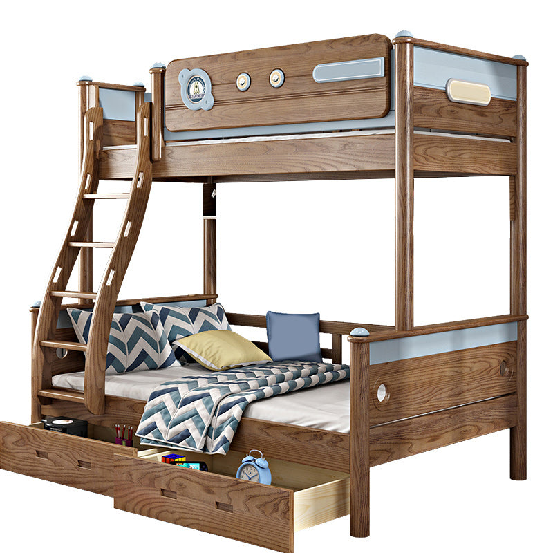 Brown Ash Standard Bunk Bed Solid Wood Scandinavian Bed with  Guardrail