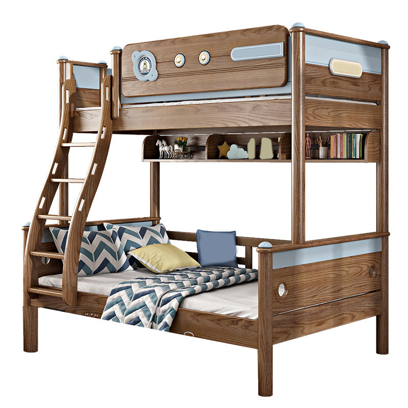 Brown Ash Standard Bunk Bed Solid Wood Scandinavian Bed with  Guardrail