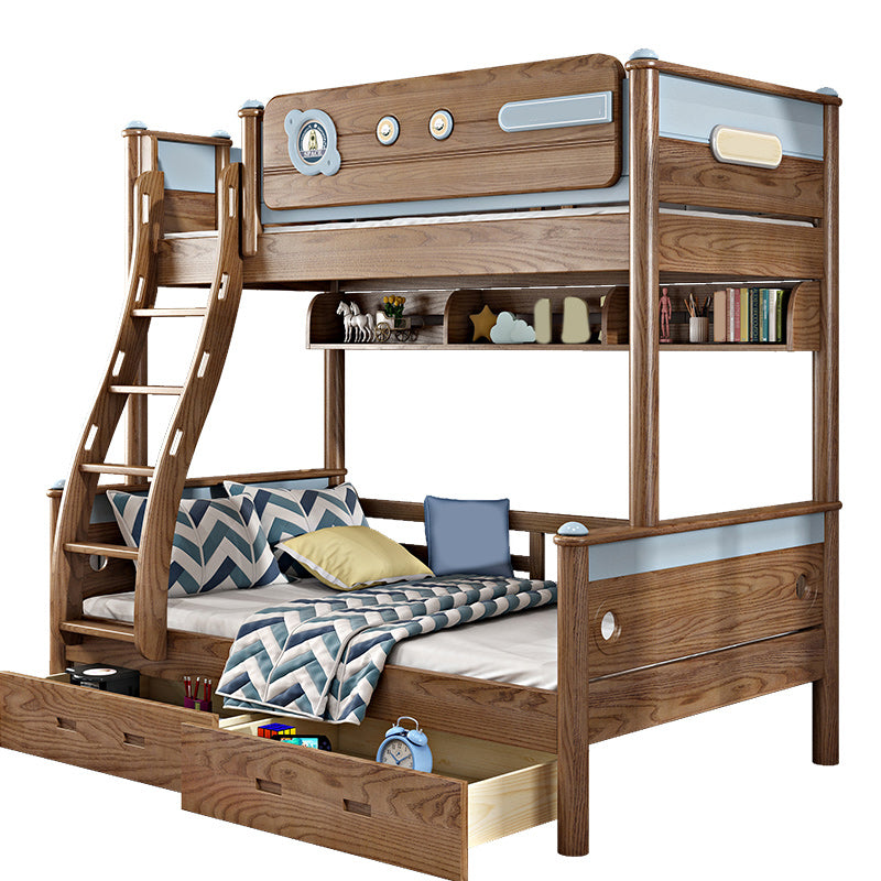 Brown Ash Standard Bunk Bed Solid Wood Scandinavian Bed with  Guardrail