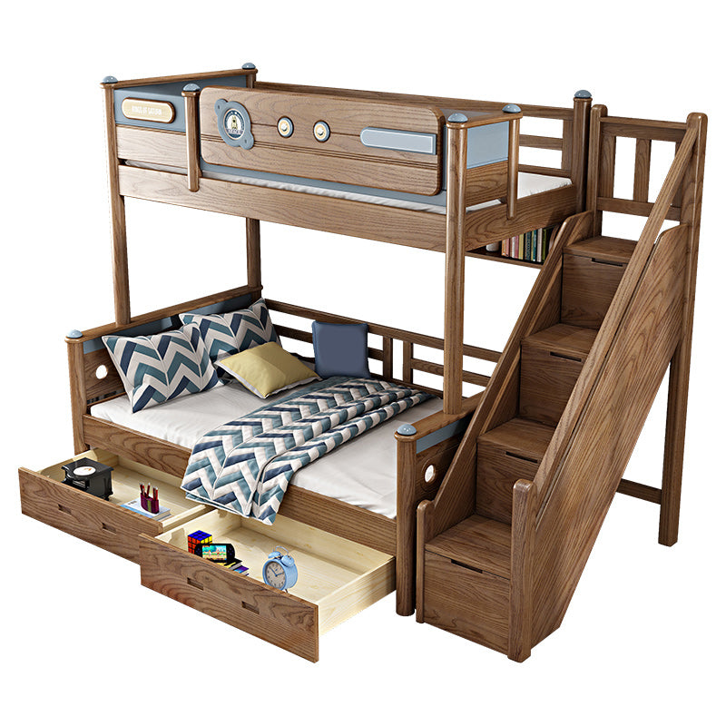 Brown Ash Standard Bunk Bed Solid Wood Scandinavian Bed with  Guardrail