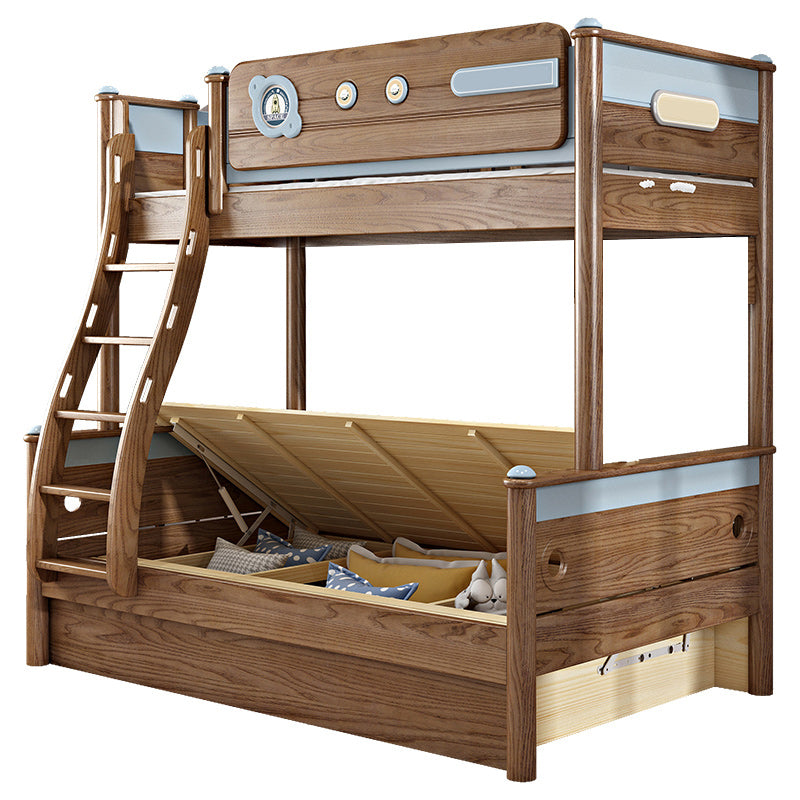 Brown Ash Standard Bunk Bed Solid Wood Scandinavian Bed with  Guardrail