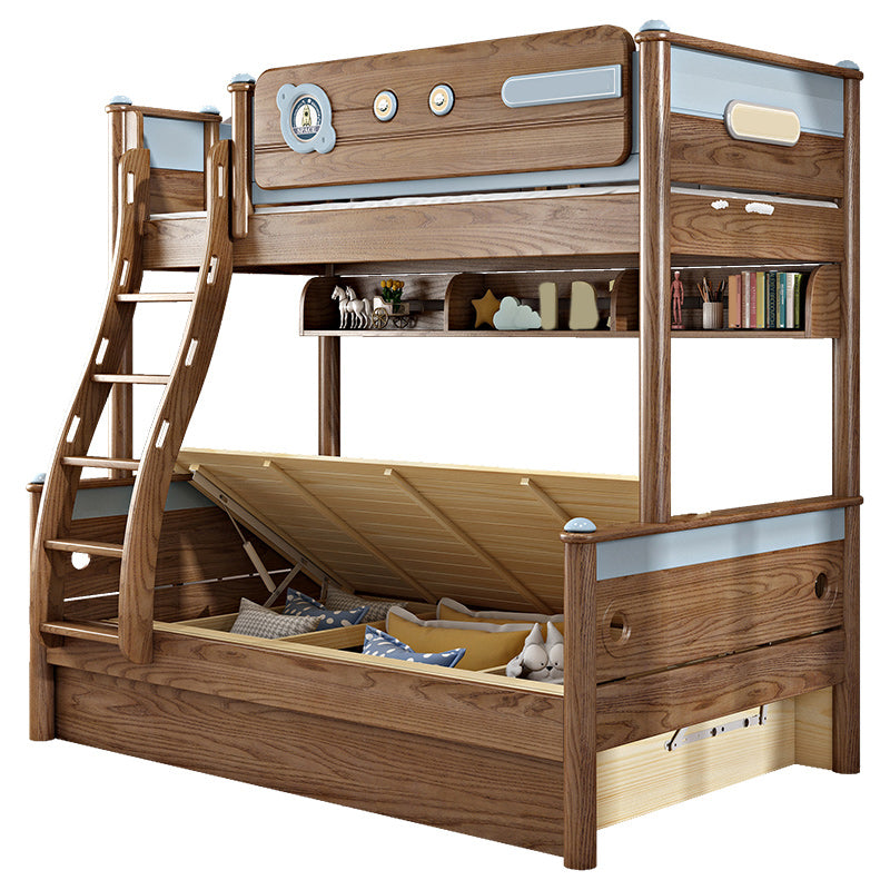 Brown Ash Standard Bunk Bed Solid Wood Scandinavian Bed with  Guardrail