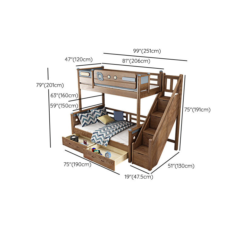 Brown Ash Standard Bunk Bed Solid Wood Scandinavian Bed with  Guardrail