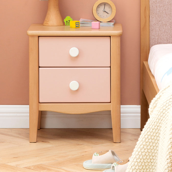 Modern Beech Kids Bedside Table Pink Nightstands with 2 Drawers