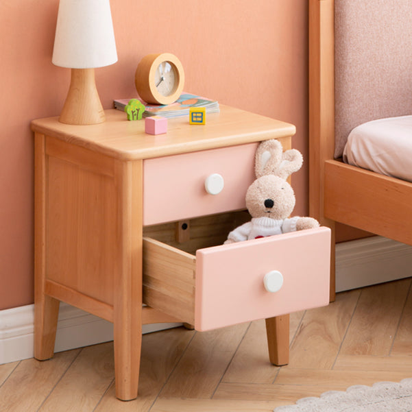 Modern Beech Kids Bedside Table Pink Nightstands with 2 Drawers