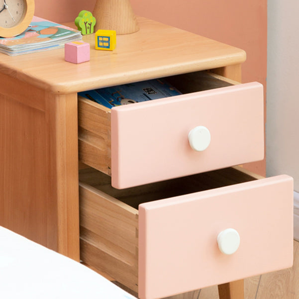 Modern Beech Kids Bedside Table Pink Nightstands with 2 Drawers