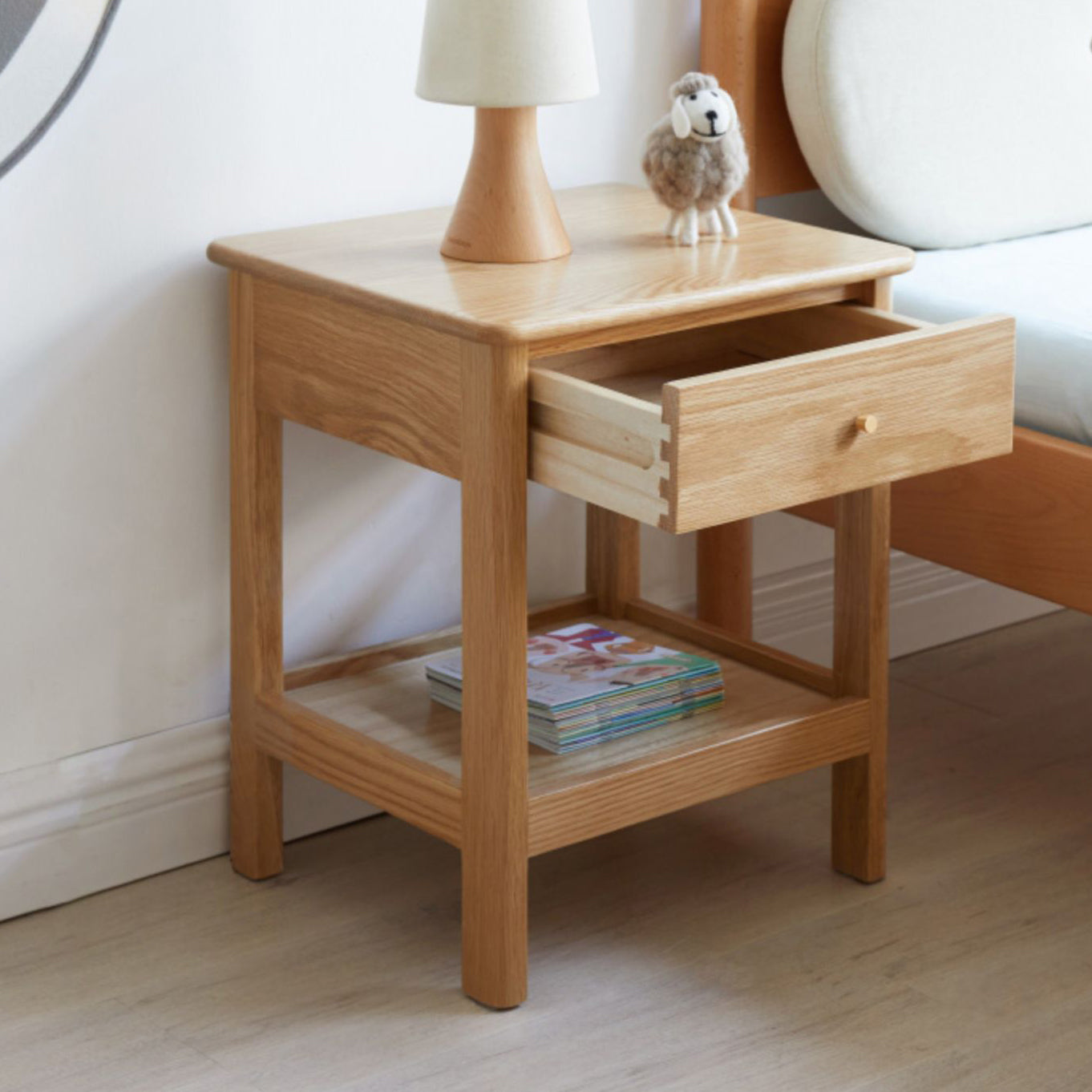 Oak and Beech Nightstand Storage Bedside Table for Nursery with Shelves