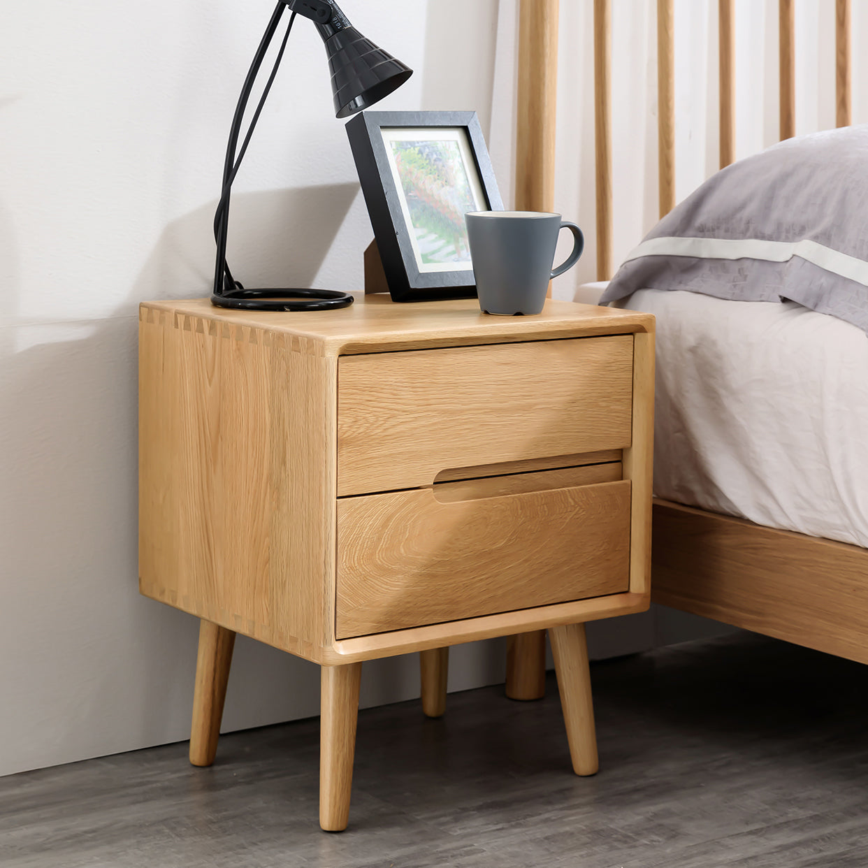 Oak Wood Kids Bedside Table Light Wood Youth Nightstand with 2 Drawer