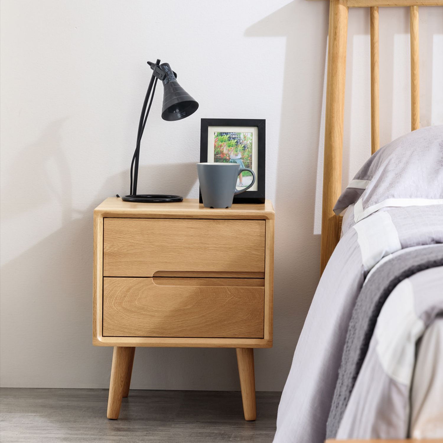 Oak Wood Kids Bedside Table Light Wood Youth Nightstand with 2 Drawer