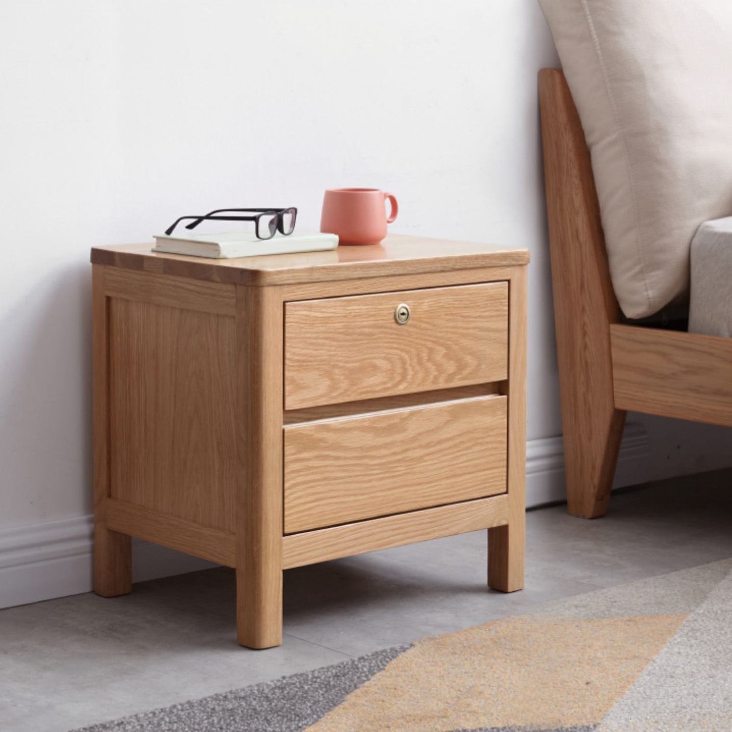 Oak Wood Kids Bedside Table Light Wood Nursery Nightstand with 2 Drawer