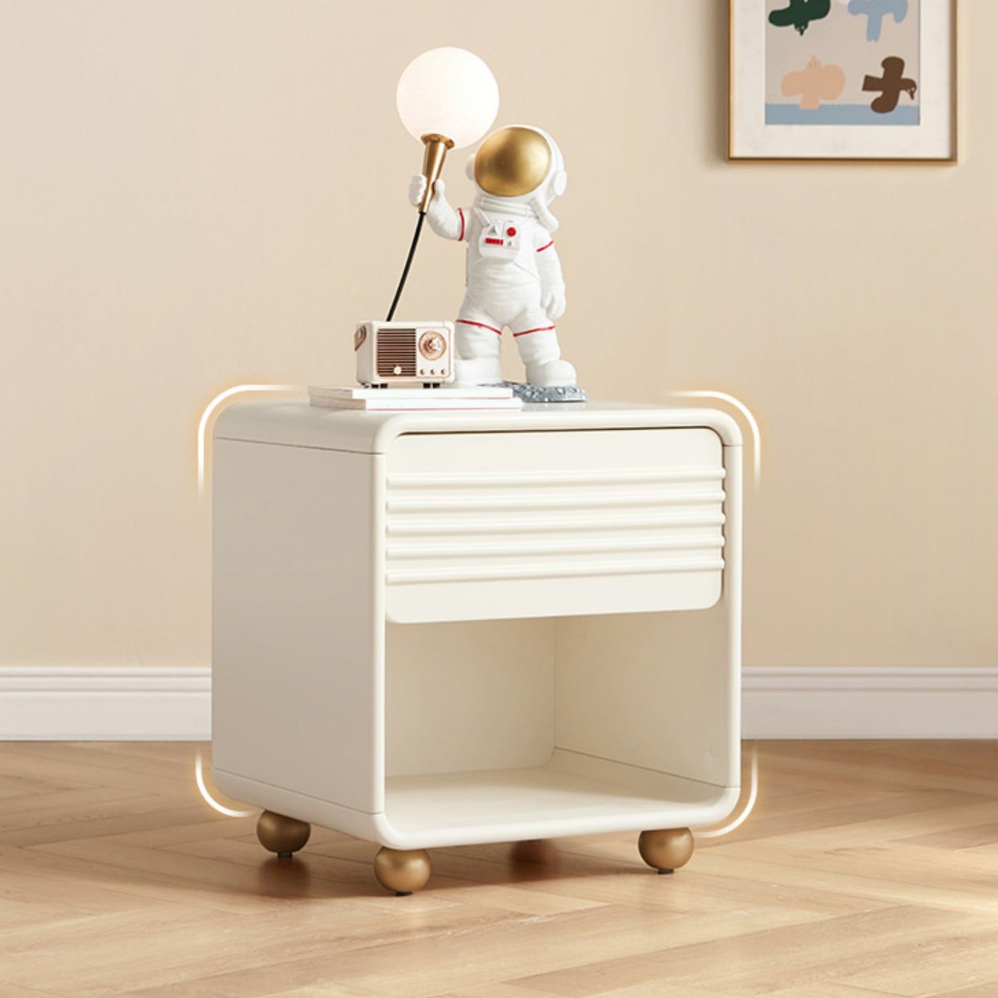 Rubber Wood Kids Bedside Table White Nursery Nightstand with Drawer