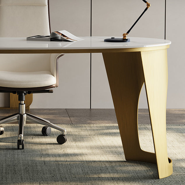 Irregular Shaped Modern Office Table Stone Writing Desk in Gold/Grey