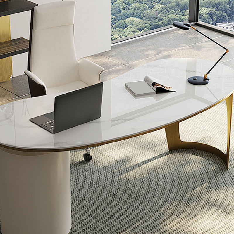 Irregular Shaped Modern Office Table Stone Writing Desk White 2-Legs