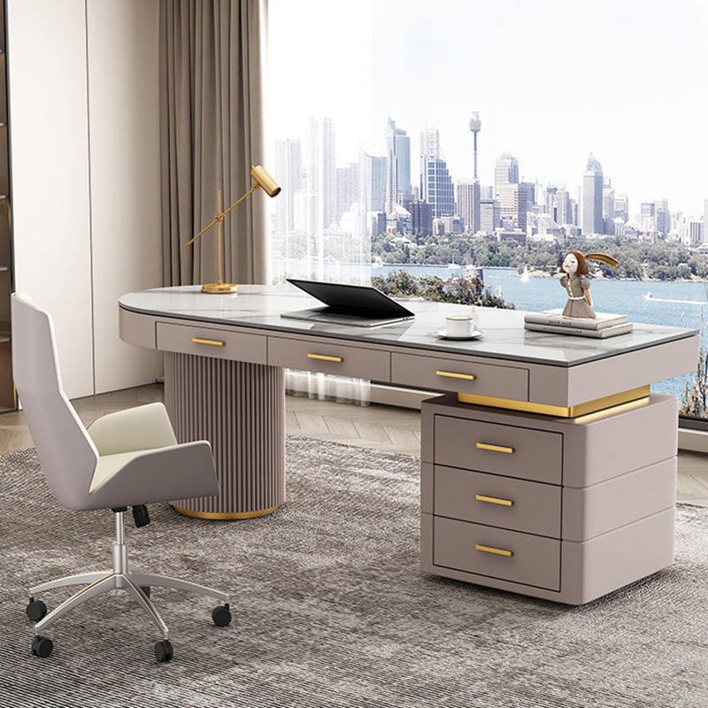 Rectangle Stone Top Office Desk Glam Writing Desk with 6 Drawers for Office