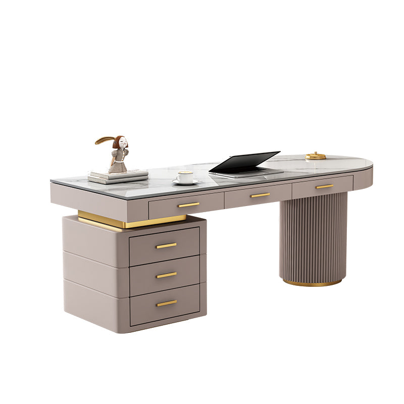 Rectangle Stone Top Office Desk Glam Writing Desk with 6 Drawers for Office