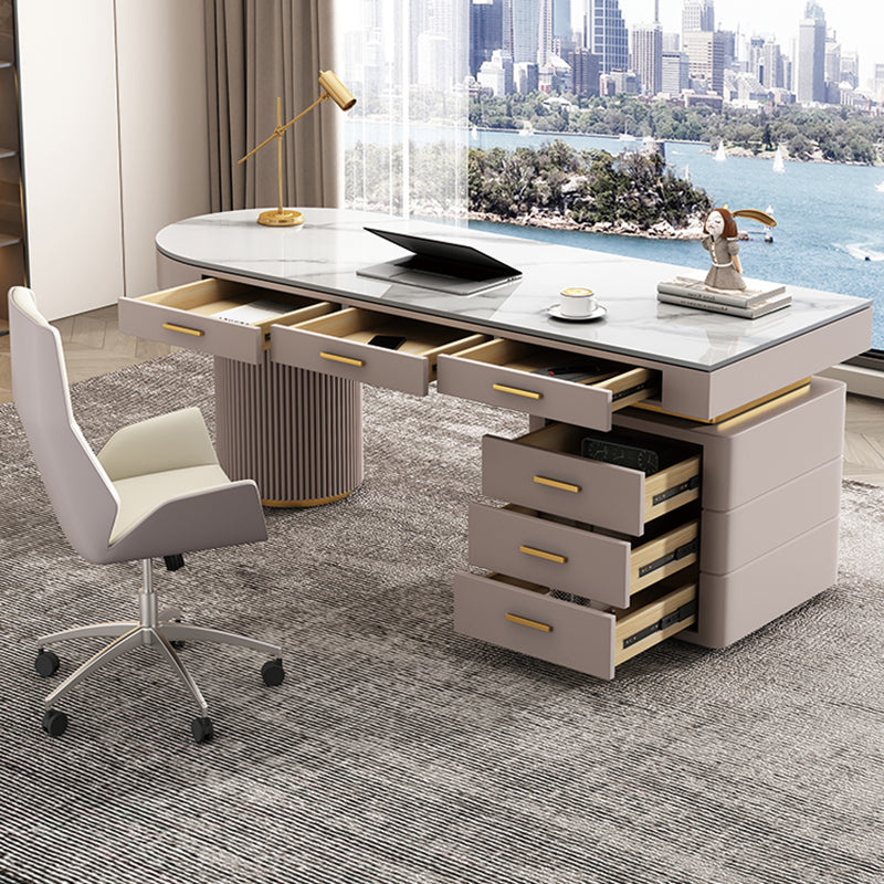 Rectangle Stone Top Office Desk Glam Writing Desk with 6 Drawers for Office