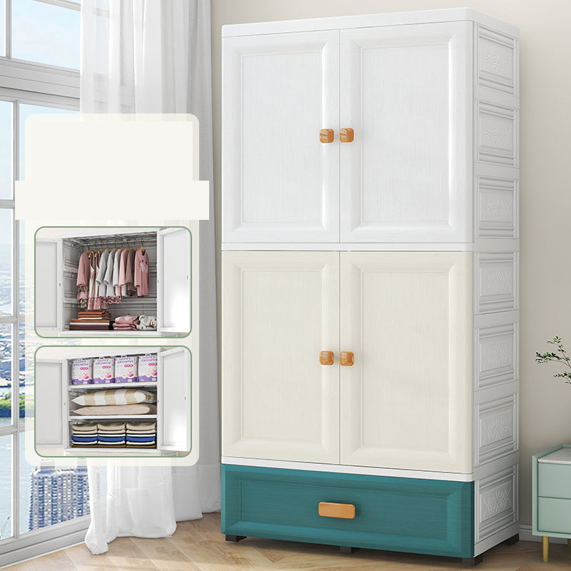 Contemporary Kid's Wardrobe Plastic Bedroom Armoire with Drawers and Garment Rod